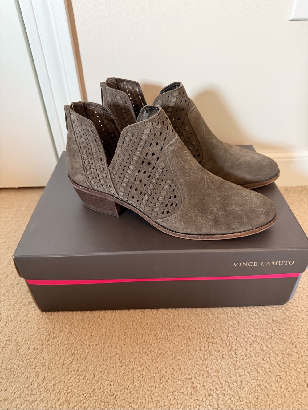 Vince Camuto Olive Suede Perforated Ankle Booties
